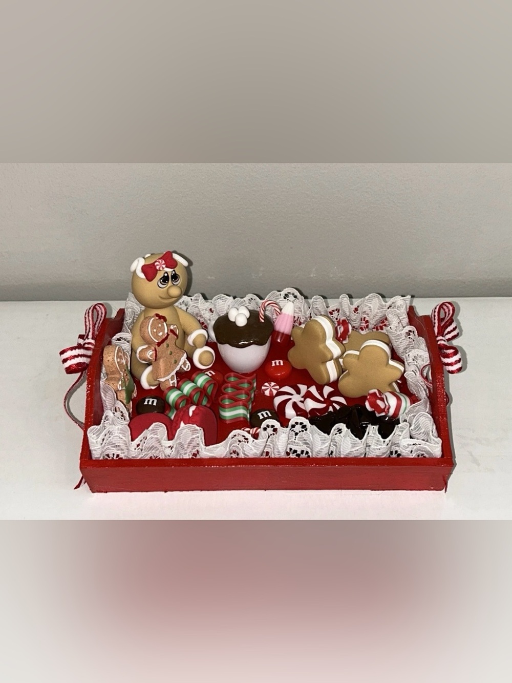 Festive Gingerbread Holiday Tray Décor - Red and White Handmade